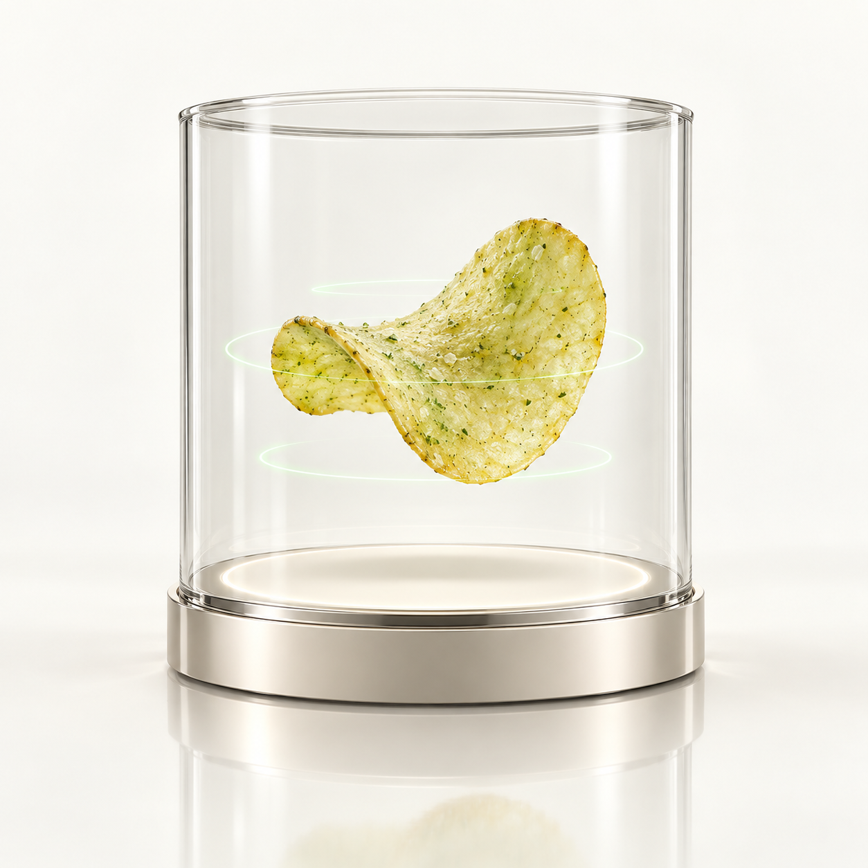 A single green potato chip suspended inside a glass museum display